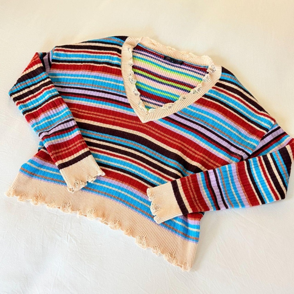 Honey Punch Rainbow Striped Distressed V-Neck Sweater Boho Ribbed Knit Small